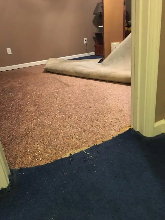 Carpet pad removal revealing water damage during Water Mitigation Services in Briar Chapel